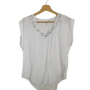 Ethyl White V-Neck Sequin Trim Sleeveless Top - Size S